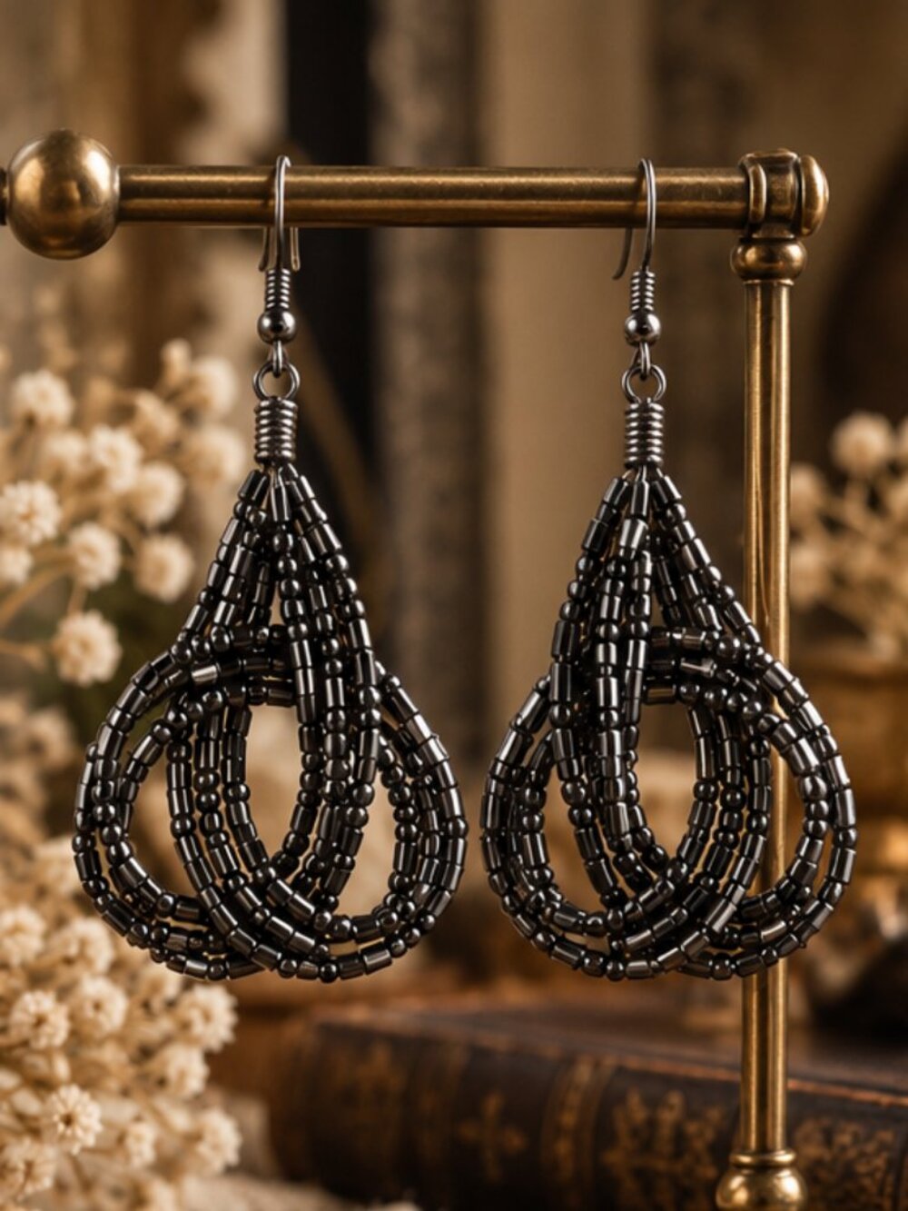 Hematite Seed Bead Celtic Knot Dangle Earrings